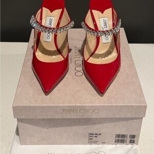 Ing Red Patent Pointed Toe Heels with Crystal Strap